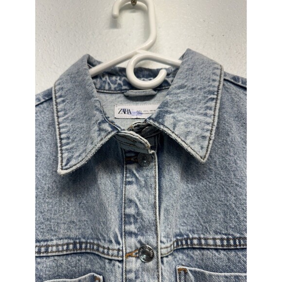 ZARA Denim Long Sleeve Button Up Jean Mini Dress Sz L Light Blue Wash w/ Pockets - Picture 16 of 16